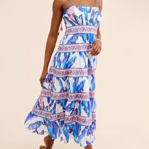 FARM Rio Blue and Pink Leaf Print Midi Skirt